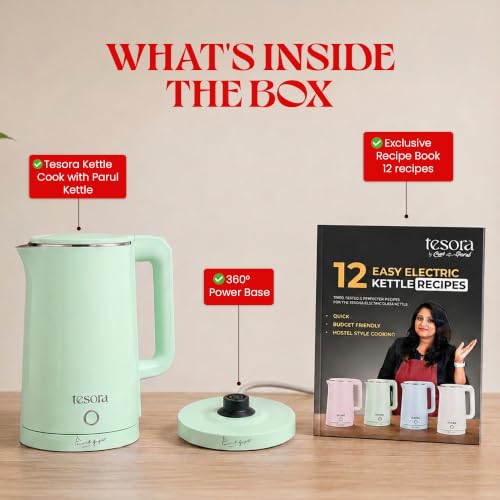 Image of Tesora by Cook with Parul Electric Kettle, 1.8L, 12 Recipes Book Included, 1500W, 100% Stainless Steel Inner Body, Auto Shut-Off, Boil-Dry & Overheat Protection, Cool Touch Double Wall (Green)
