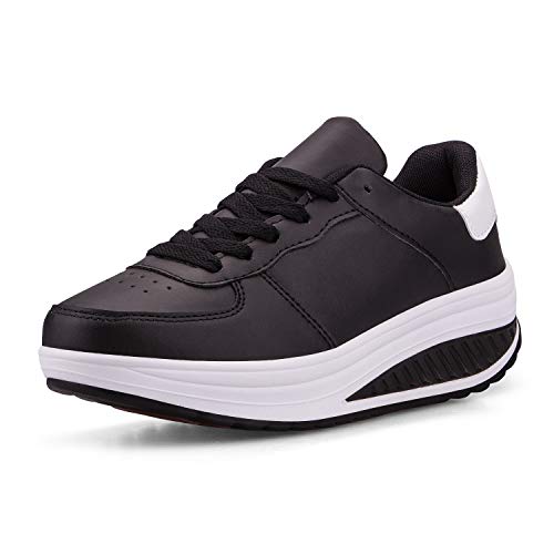 WYSFLY Zapatos de Plataforma de Cuero de imitación de tacón de cuña de Las Mujeres Zapatos de Plataforma de Cuero sintético Zapatos para Caminar con Suela Rocker Negro/Blanco 42 EU