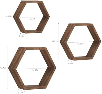 Hexagon Floating Shelves Set of 6 Farmhouse Honeycomb Wall Storage Shelf Wood Display Hexagonal Shelves Wall Mounted Hanging Rustic Shelf Racks for Bedroom Living Room Hallway Office Decor, Brown