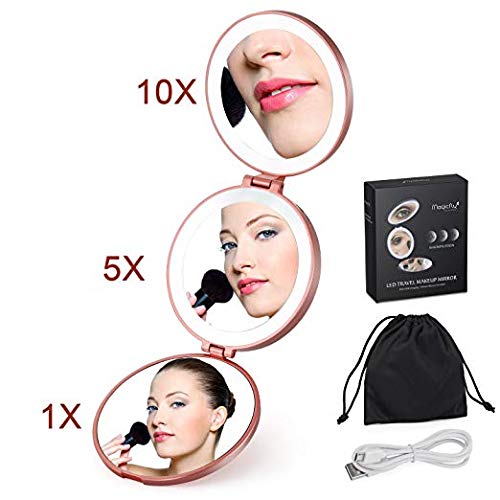 Preisvergleich Produktbild Magicfly Tragbarer Taschenspiegel, Dreiseitiger Klappbarer Schminkspiegel mit LED Licht Beleuchtung 1X / 5X / 10X Vergrößerung Handspiegel mit USB Aufladen, Rosa