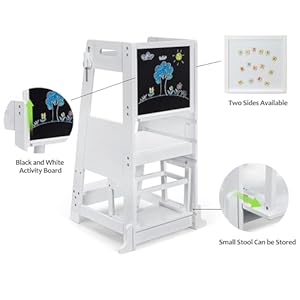 Toetol bamboo toddler step stool white kitchen counter learning helper standing tower ktchen stool for toddler 3 height adjustable with chalkboard message boards small step stool non slip mat  urban country home decor