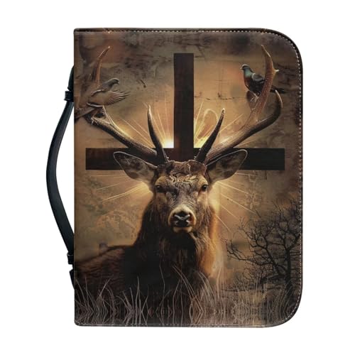 Bible Cover & Case for Men Boys/Book Carrying Case with Pen Slot-Church Bag for boy Deer and Cross Large