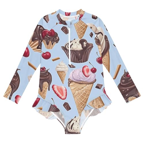 Girls One Piece Swimsuits Long Sleeve Swimsuit Zipper Bathing Suits Chocolate Ice Cream Cherry
