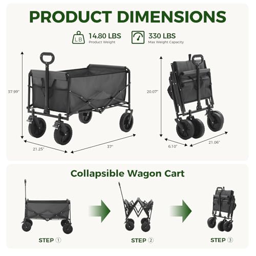 DUMOS Collapsible Wagon Cart, Heavy Duty Foldable Utility Wagon with Lockable Brake Wheels – 330 lbs Capacity, Flexible Handle for Beach, Garden, Sports, Grocery & Camping, Gray — view 3