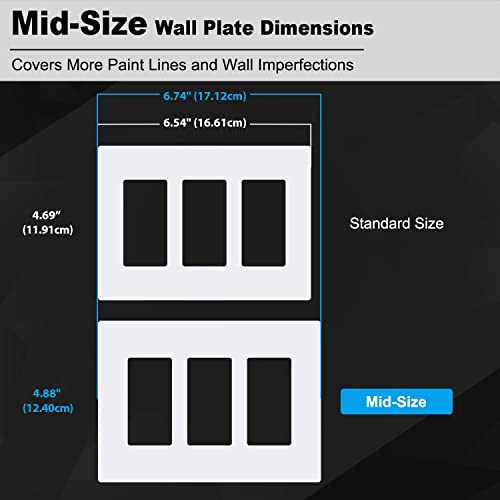 [2 Pack] Bestten 3-Gang Modern Designer Mid Size Screwless Wall Plate, Uswp6 Gloss Snow White Series, Unbreakable Midway Outlet Cover, Impact Resistant Switch Plate, H4.88” X W6.74” #TOP4