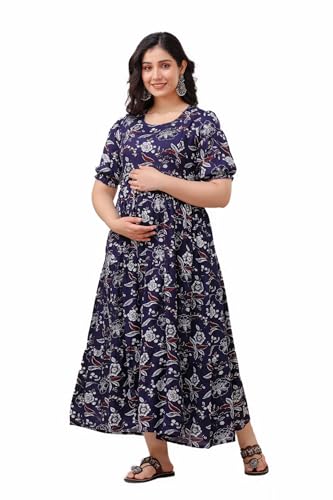 Image of Women's Rayon Anarkali Maternity Ankle Length Dress, Pregnancy Dress,Feeding Kurti,Easy Brest Feeding Dress, with Both Side 9 inch Zipper and Belt