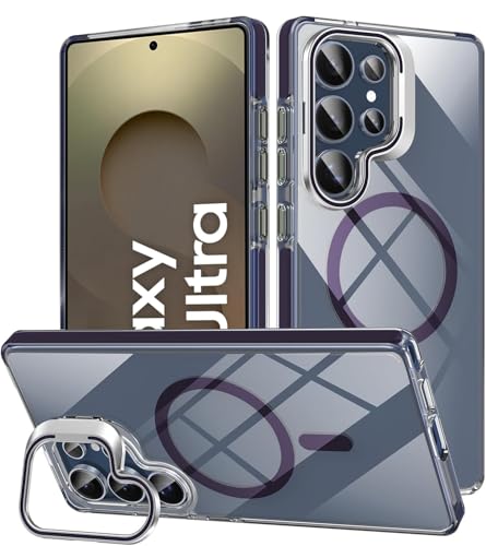 Image of Elzzi Premium Samsung S25 Ultra 5G Case Compatible With Magsafe Cover Built-In Camera Stand Transparent Covers Military-Grade Protective Case Drop Protection Non Yellowing Hard PC +TPU, Deep Purple