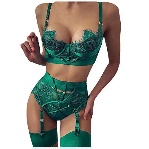 prettymenny Women Lingerie Set with Garter Belts Sexy Bra and Panty Eyelash Stitching Underwire Lingerie Sets Bralette Green