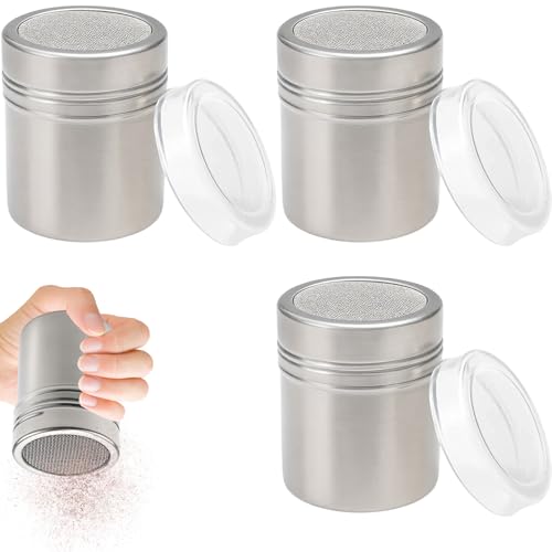 Chocolate Shaker for Cappuccino, 3 Pack Stainless Steel Icing Sugar Shaker with Lid, Flour and Seasoning Shaker for Baking, Coffee, Camping, 5x5x7.2 cm