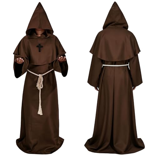 Huanmin Disfraz de sacerdote medieval de Halloween con capucha, disfraz de sacerdote para adultos, disfraz de mago, con abrigo, cuerda para la cintura y collar de cruz, L (longitud del vestido: 150 cm