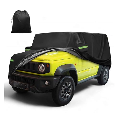 FUELHOOD Jimnyに対応 JB64W/JB74W専用385x148 x160cm 軽自動車カバー 雹対策 車 カバー 台風対策防風ロープ付き 裏起毛 ブラック 梅雨対策 防炎 防塵 雪/強風/黄砂対策 撥水性 運転席側ファスナー 夜間安全警告 耐久性 着脱気軽 車 保護カバー 収納袋が付属 内装パーツ アクセサリー