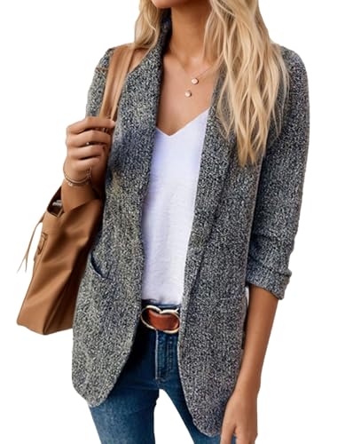 Women's Tweed Style 3/4 Sleeve Blazers Lapel Open Front Business Jacket Dressy Casual Suits Outfits Fitted Coats with Pockets