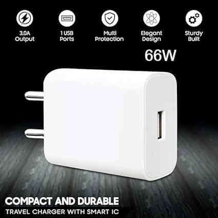 Image of Original 66W Fast Charging Adapter with USB-A to USB-C Cable Compatible with Vivo Y100A, Y75, Y51A, Y33T, Y16 High-Speed Charging, Compact & Durable Design