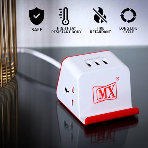 Image of MX Cube Universal Spike Guard with 2 Universal Sockets + 3 USB Charging Ports (3.4A) | Surge Protector with 1.5M Extension Cord | Compact Multi Plug Power Strip for Home, Office, Travel