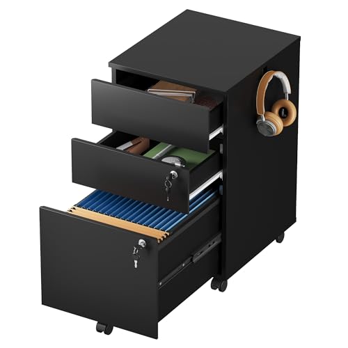 DEVAISE 3 Drawer File Cabinet with Lock, Small Rolling Filing Cabinet Under Desk, Wood Office Drawers Fits Letter/Legal/A4 Size Folders, Black