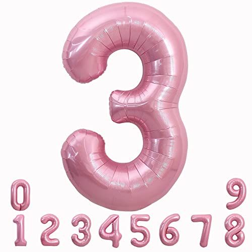 Image of TONIFUL 40 Inch Light Pink Large Numbers 0-9, Number 3 Digital 3 Helium Balloons, Pink Foil Mylar Big Number Pastel Balloons for Birthday Party Anniversary Supplies Decorations