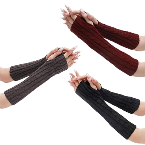 JNYUTEEN 3 Pares de Manguitos para Mujer, Guantes sin Dedos de Punto en 3 Colores, Manguitos de Brazo y Mano Tejidos Calentadores para Mujeres y Hombres