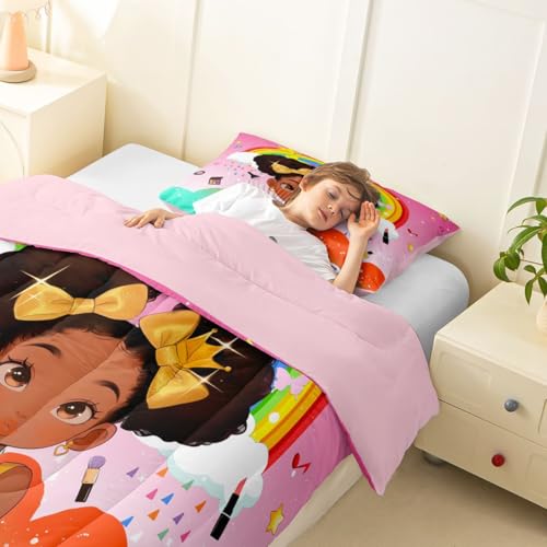 Image of Erosebridal Rainbow Black Girls Comforter Set Toddler Size African American Bedding Set Black Princess Girl Makeup Quilt Comforter Afro Little Girl Bed Set for Kids Melanin Bedroom Decor