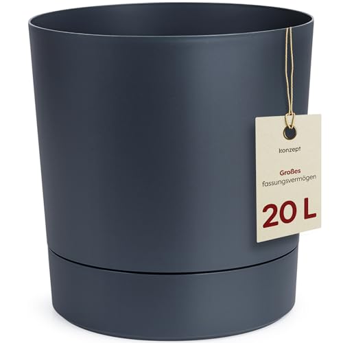 KONZEPT Blumentopf mit Untersetzer 32,5 cm - großer Übertopf aus Kunststoff für Zimmerpflanzen, modern und wetterfest, für Innen und Außen, Anthrazit