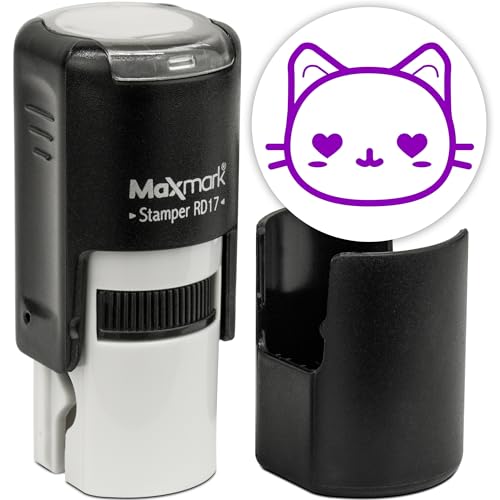 MaxMark RD17 Round Self Inking Cat Emoji Stamp - Heart Eyes - Purple Ink