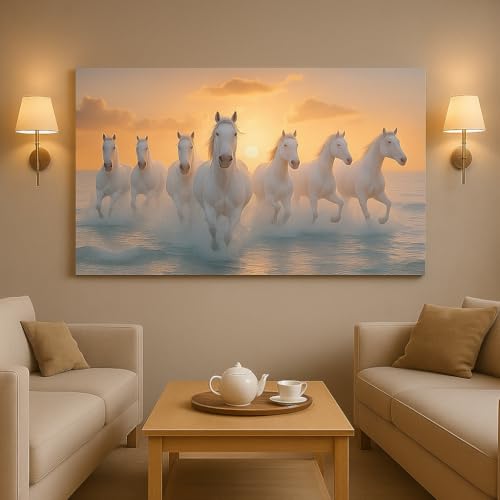 Image of 7 Horse Vastu Sunrise Canvas Painting | Positive Energy Wall Decor | Big Size Premium Running Horses Artwork for Home, Office & Hall Decoration (Modern, Water Pink Horse, 26x18 Inch)