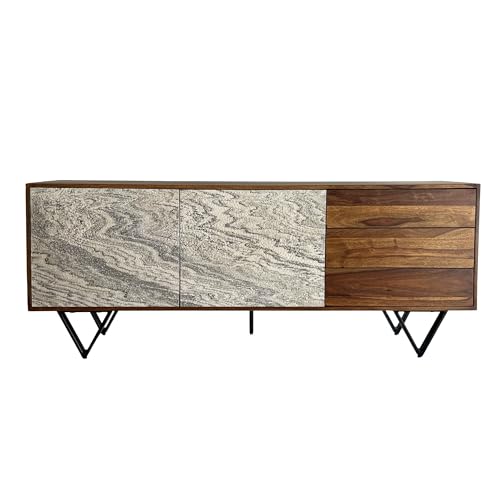 FineBuy Sideboard Sheesham Massivholz 175 cm 2 Türen & 3 Schubladen - Massive Retro Kommode Steinoptik - Design Natur Anrichte - Handmade Industrial