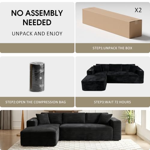 Image of Cloud Sectional Boneless Couches for Living Room,Modular Sectional Sofa with 2 Cup Holders,Memory Foam Cloud Couch with L Shaped Oversized Chaise,No Assembly Needed Plush Corduroy Sofa,Black