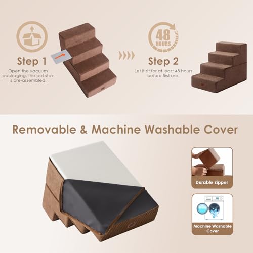 Image of EHEYCIGA Dog Stairs for Bed 18 inch H, 4-Step Dog Steps for High Bed, Pet Steps for Small Dogs and Cats, Non-Slip Balanced Pet Indoor Ramp, Brown