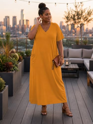 Image of SUZONANA Women Casual T-Shirt Dress V Neck Short Sleeve Solid Color Oversize Dress with Front Two Pockets