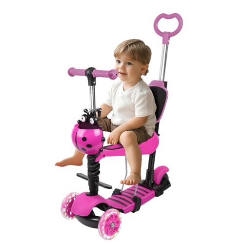 Scooter Plegable Patinete de equilibrio para niños de 3 años hasta 20 kg, Patinete Niño 3 Flash PU Ruedas de Altura Ajustable, Scooter con Asiento (5 en 1, Rosa)