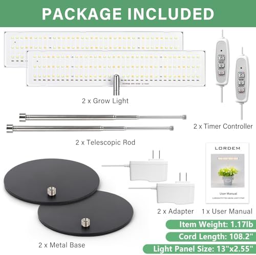 LORDEM Grow Light for Indoor Plant, Full Spectrum LED Plant Light, Height Adjustable Growing Lamp with Auto On/Off Timer 4H/8H/12H, 4 Dimmable Brightness, Ideal for Home Desk Plant Lighting, 2 Pack