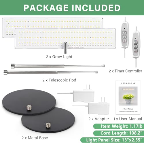 LORDEM Grow Light for Indoor Plant, Full Spectrum LED Plant Light, Height Adjustable Growing Lamp with Auto On/Off Timer 4H/8H/12H, 4 Dimmable Brightness, Ideal for Home Desk Plant Lighting, 2 Pack
