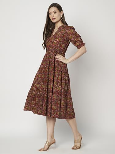 Image of Women's Floral Summer Maxi Dress I Cotton Printed I One Piece Bodycon Midi Dress with V-Neck, Puffed Sleeves