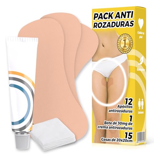 Parches Antirozaduras Muslos - 12 Bandas Anti Rozaduras Adhesivas + 1 Crema Vaselina Neutra + 3 Paquetes de 5 Gasas Antirozaduras - Alivio Inmediato de Rozaduras en Muslos - Evita el Roce en Piernas