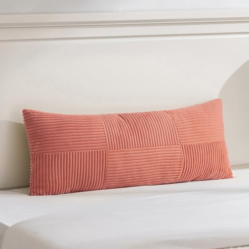 Image of Fancy Homi Set of 2 Coral Boho Long Lumbar Body Decorative Throw Pillow Cover 14x36 Inch for Bed Couch Bedroom Bench, Soft Patchwork Corduroy Textured Pillow Case, Rustic Farmhouse Room Decor