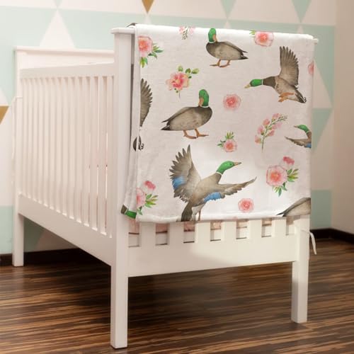 Image of Mallard Duck Boho Floral Baby Blanket for Boys & Girls Duck Hunting Newborn Kids Toddler Baby Nursery Bed Blanket Stroller Crib Soft Warm Receiving Blankets Wild Animal Swaddle Blanket 40x50