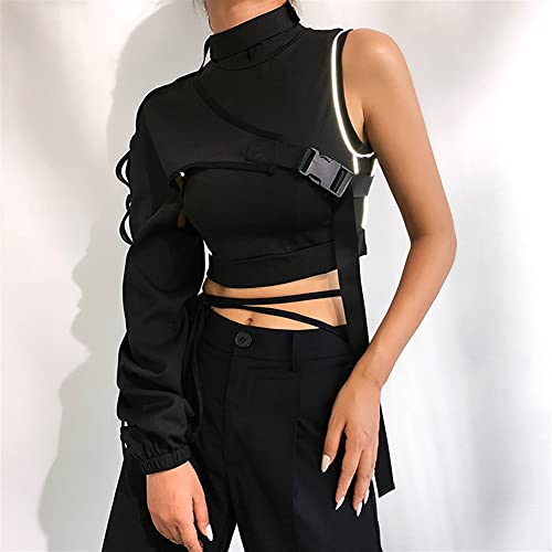 Sweat-shirts pour femmes Neon Halter Hoodie Buckle Reflective Smock One Shoulder Holographic Outwear (Color : Black, Size : Sleeve77cm) Cover