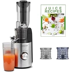 Exprimidor Slow Juicer AMZCHEF 250W Extractor de zumos y verduras de 85MM de ancho de conducto - Licuadora prensado en frio - Exprimidor juicer con 2 Filtros patentados, función inversa y motor silencioso - Plata