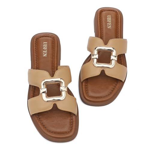 Image of UBFEN Womens Square Toe Flat Sandals Slides Dressy Comfortable for Beach