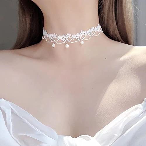 YienDoo Vintage Lace Choker Necklace White Gothic Lace Pattern Necklace Punk Tassel White Pearl Beaded Pendant Choker Princess Bridal Lace Lolita Statement Necklace Jewelry for Women2