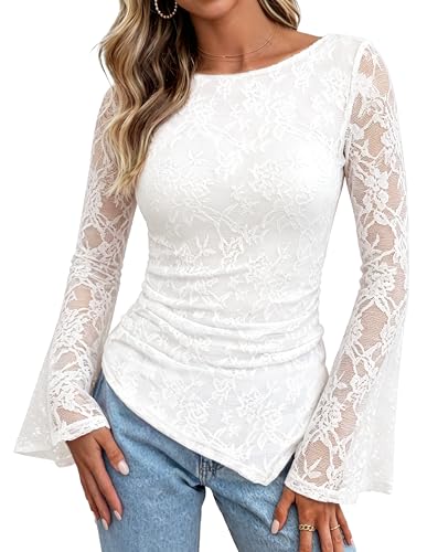 GRACE KARIN Womens Lace Top Sheer Bell Long Sleeve Ruched Asymmetrical Boho Western Clothes Fitted Mesh Peplum Tops Flowy, White Rose, Medium