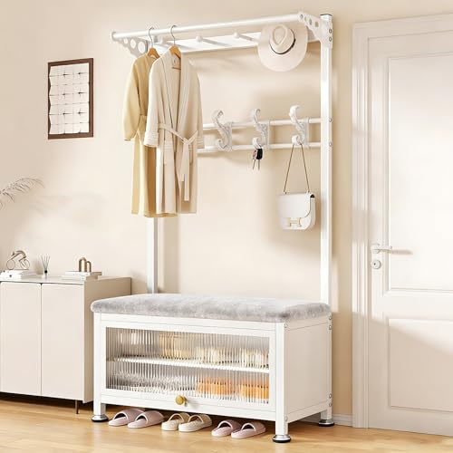 Image of GdloWOoc Hall Tree with Bench and Shoe Storage, Multifunctional Coat Rack with Hooks, Entryway Bench with Flip-Down Cabinet Door in Foyer, Front Door(White,31.5" Lx14.2 Wx67.7 H)
