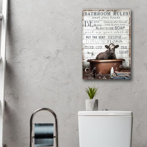 Image of Cow Bathroom Canvas Wall Decor Rustic Bathroom Rules Prints Sign Wall Art Black And White Cow In The Bathtub Pictures Wall Decor Poster Funny Cow Wall Art Humor Animals Artwork Prints 16x24in No frame