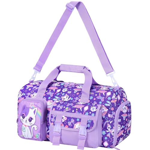 Kids Duffle Bag for Girls, Water Resistant Travel Bag with Separate Shoe Compartment for Sports, Gym, Overnight Weekender - Purple Cat