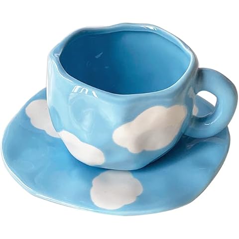 Maygone Cute Twisted Irregular Ceramic Coffee Mugs and Saucer Set Cloud Coffee Mugs Tea Cup Gifts for Girls Mum Lovers Cover