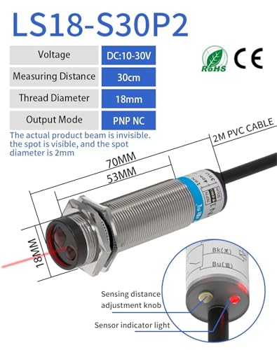 Capteur photoélectrique laser à réflexion diffuse M18 PNP NC ajustable