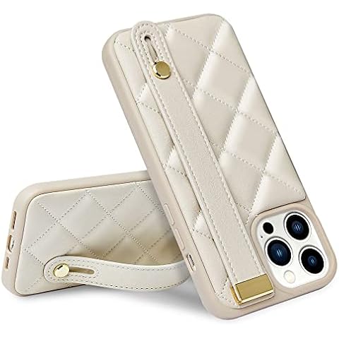 ZVE Kickstand Case Quilted Leather Cover, Shockproof Case with Stand for Women Strap Case Compatible with iPhone 14 Pro Max, 6.7 Inch-Beige Cover