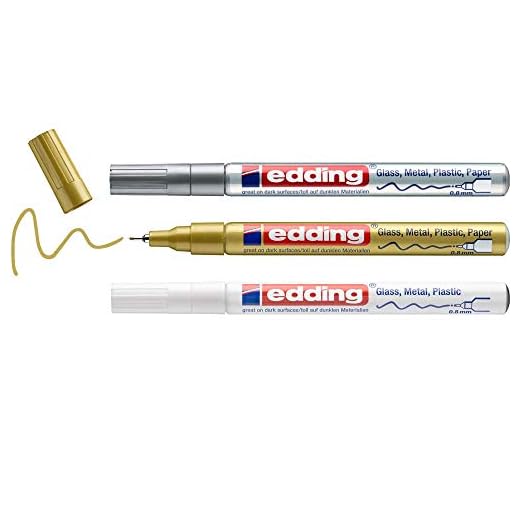 edding 780 marcador de tinta opaca brillante - blanco, oro, plata (metálico) - 3 rotuladores - punta extrafina 0,8 mm - para vidrio, piedras, madera, plástico, papel - color permanente