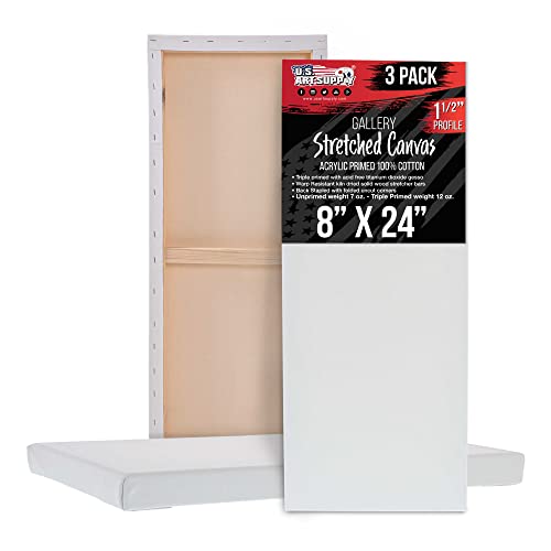 U.S. Art Supply 8"x24" Stretched Canvas for Painting, Gallery Depth 3-Pack