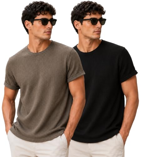 Image of London Hills Men's Waffle Textured T-Shirt | Solid Regular Fit Round Neck Half Sleeve Casual Wear Tee | Soft, Breathable & Lightweight Fabric